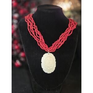 Vintage Red Beaded Multi Strand Ivory Coral Necklace Carved Flower Pendant
